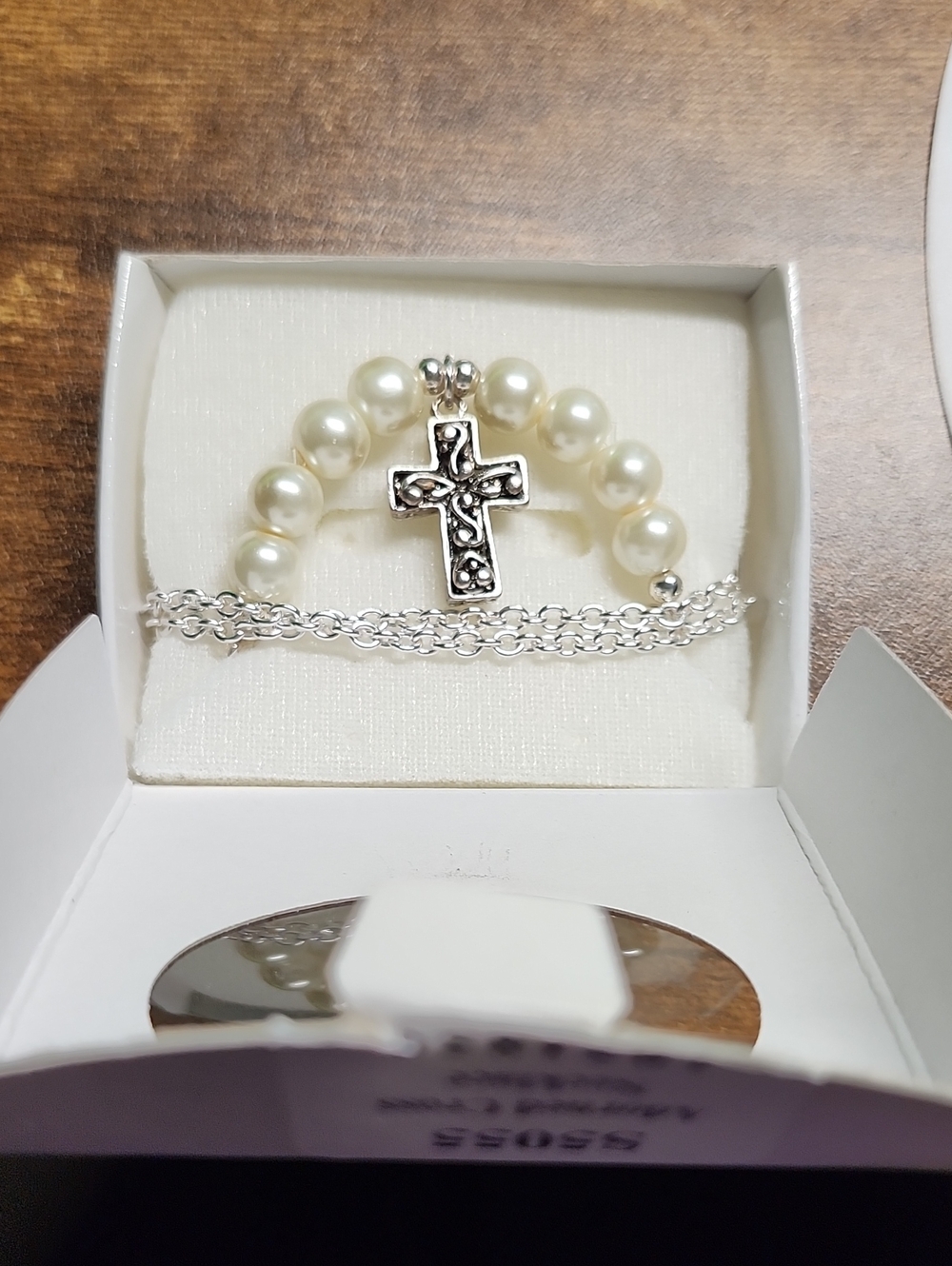 Pearl Bead Cross Bracelet with Silver Chain